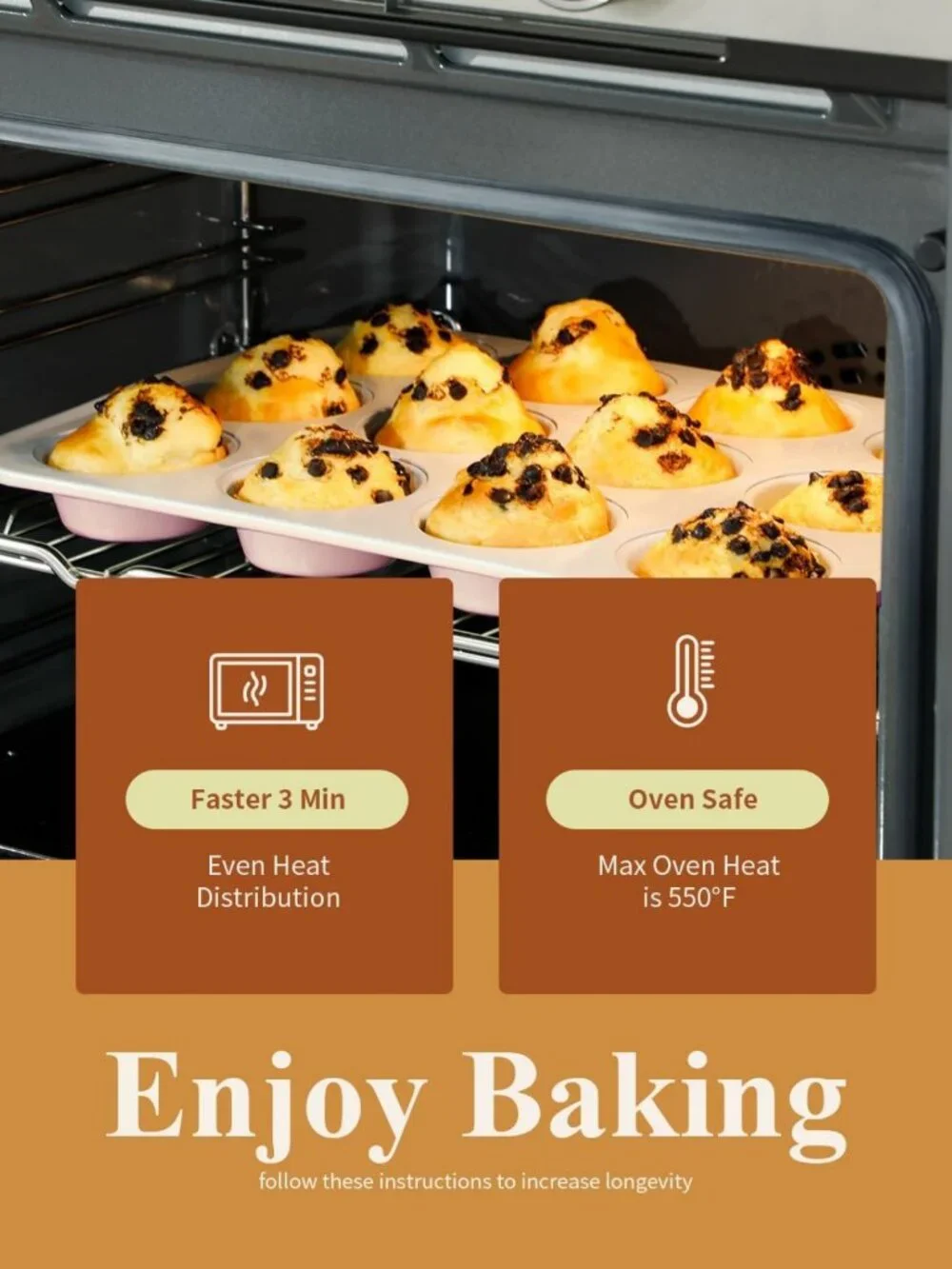 Nonstick Ceramic Muffin Pan - 12 Cup Cupcake Tin, Oven Safe, Non-Toxic, Pink